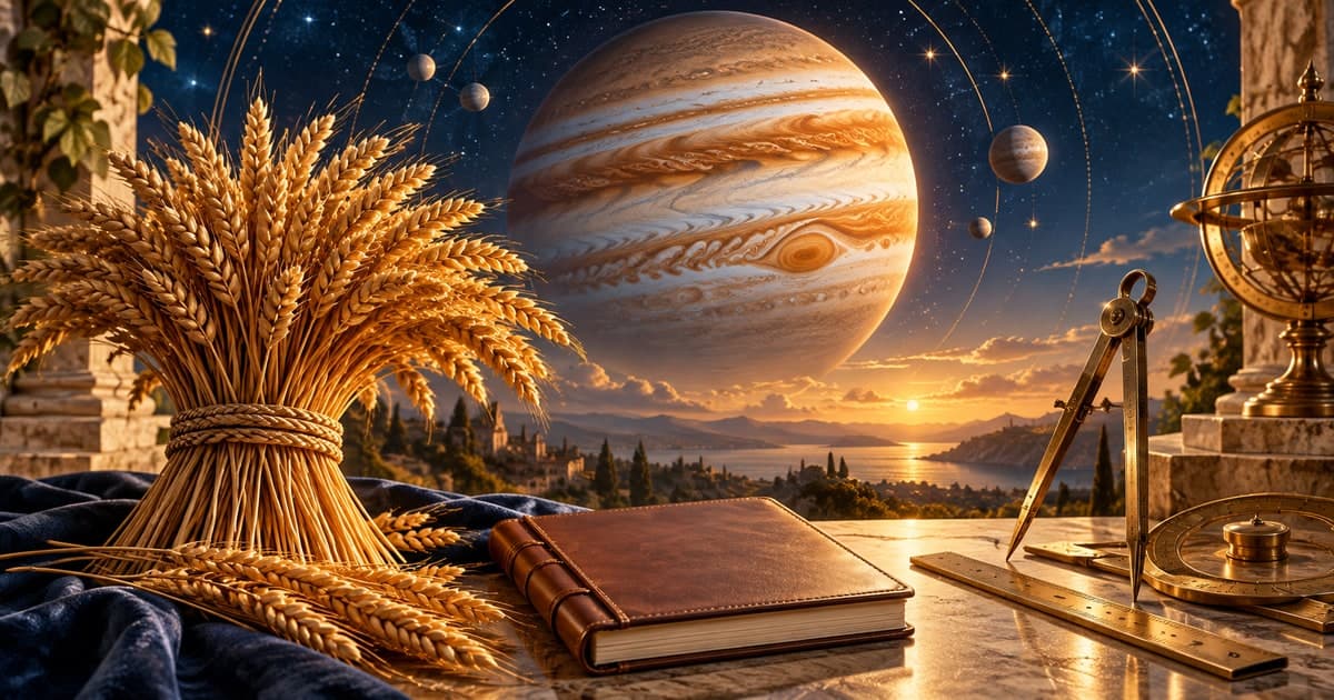 木星と麦の束、文字のないノート、真鍮の道具。丁寧な仕事を表すイラスト。
