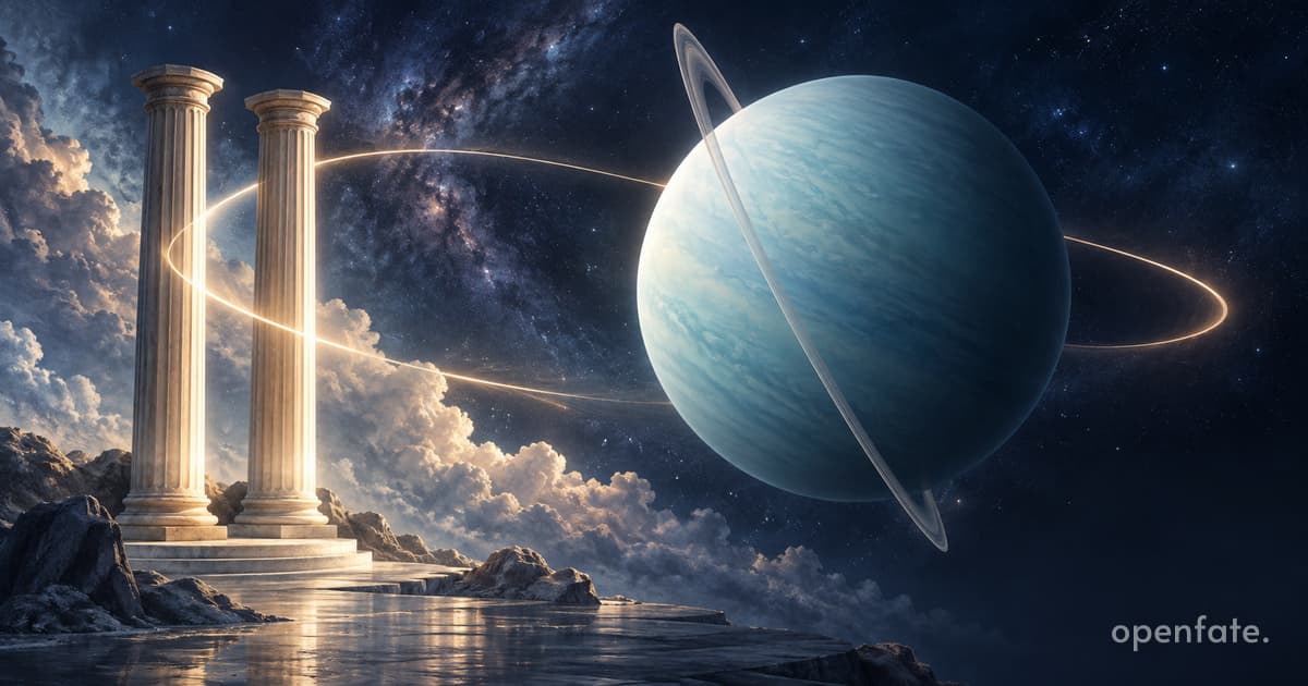 Pale blue Uranus beside twin columns and a returning golden curve, symbolizing its Gemini transit.
