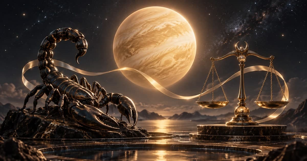 金色の金星と蠍、天秤の彫刻。蠍座から天秤座への移動を表す象徴的なイラスト。