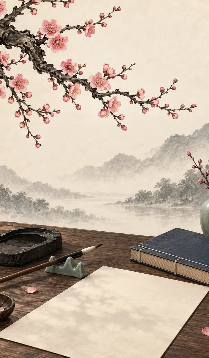 梅花枝映衬空白书案的水墨插画,用于梅花易数指南